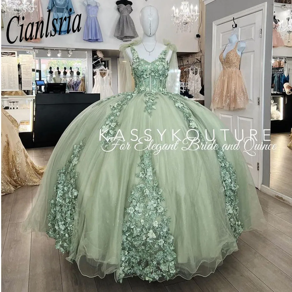 Gaun Putri Quinceanera Hijau Mint Gaun Bola 2022 Renda Applique Manis 16 Gaun Vestidos De 15 Años Prom