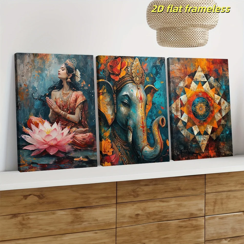 3-piece set of decorative paintings of Hindu goddess Lakshmi, meditation lotus seat, canvas hanging painting, living room entran