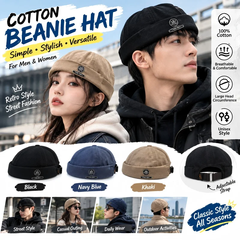 Pure Cotton Large Head Circumference Brimless Melon Cap Men Street Hip Hop Landlord Hat Women Rogue Sailor Yuppie Hat
