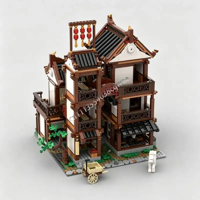 Image of 2437-teiliges Antikes Mondansicht-Gasthaus Baustein-Set Chinesisches Traditionelles Modulares Hausmodell DIY Zusammenbaubares Ziegelstein-Display Spielzeug Geschenk