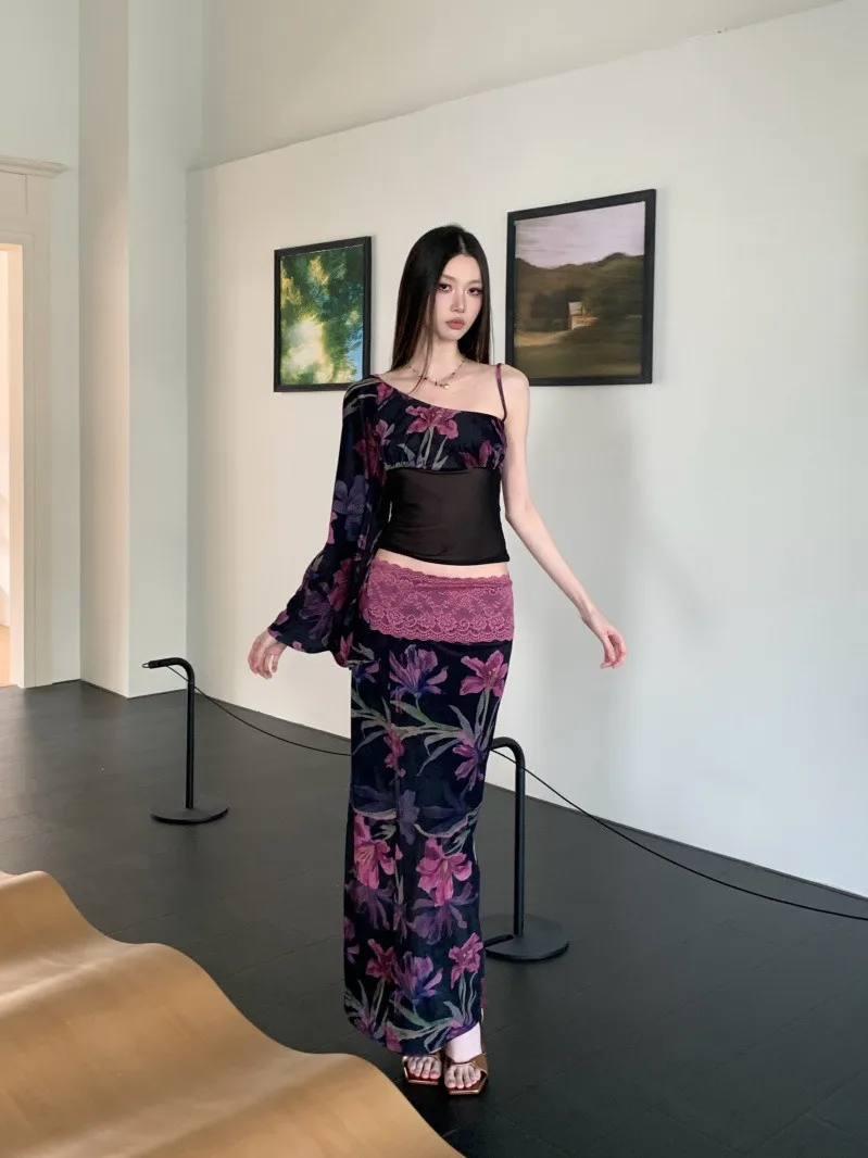 

Mipai Aesthetic Early East Asia Sle Floral Print Velvet Long Sve Slim Fit Skirt Set Women's Hanfu Spring Collection
