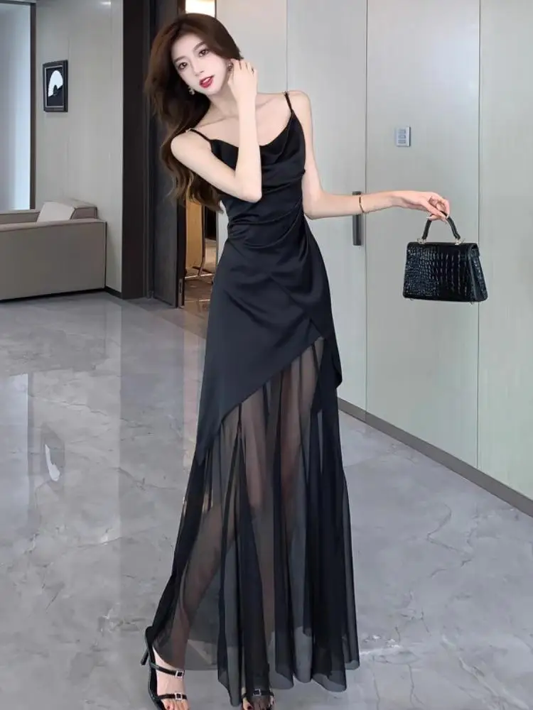 Vestido e de malha de cetim f verão sem mangas slim fit cintura alta vestido linha a vestido de bainha irregula...