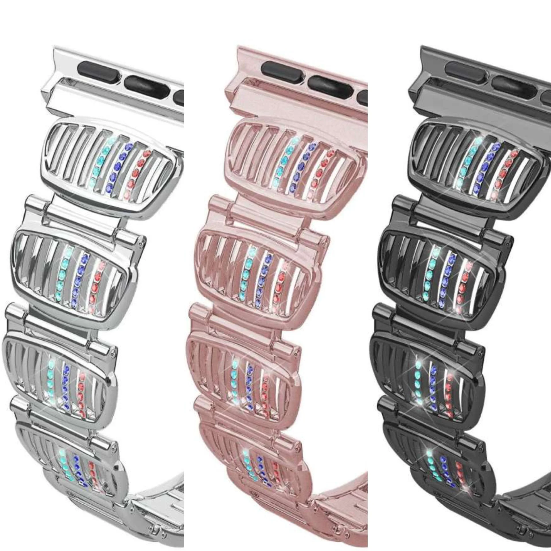 سوار ساعة أبل مخطط معدني أنيق مع لمسات الماس الأبيض - حزام بديل أنيق من الفولاذ المقاوم للصدأ لسلسلة iWatch