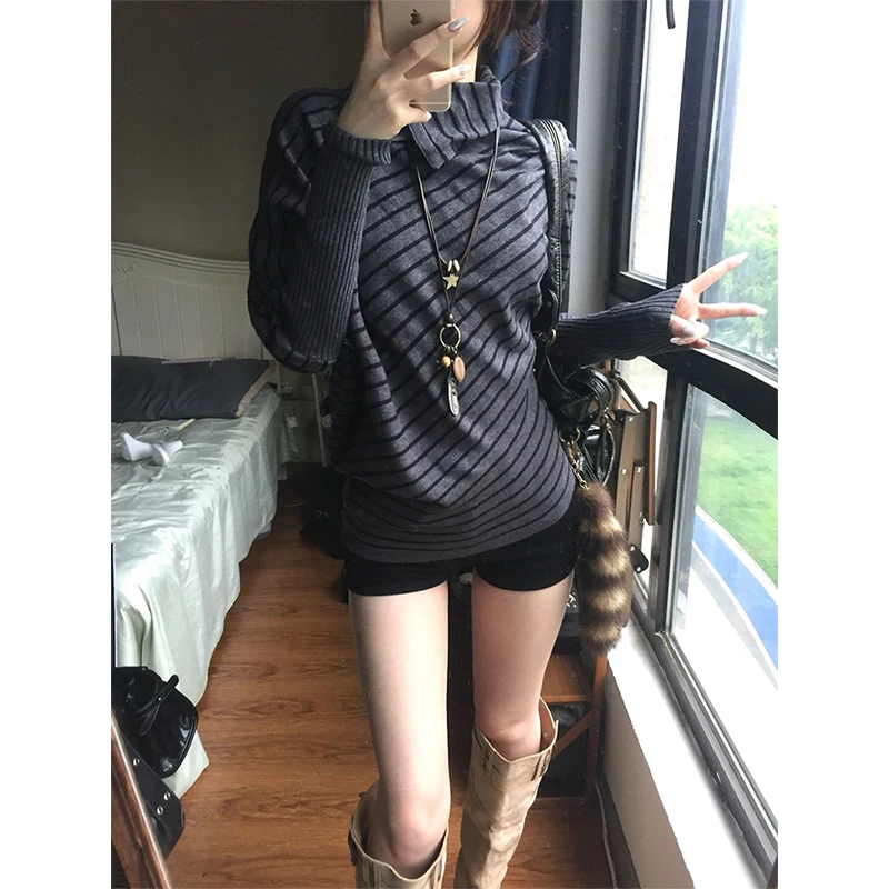 Genayooa Japanese 2000s Sweater Women Striped Knit Pullover Batwing Sleeve Streetwear Y2k Vintage Tops Turtleneck Sweaters