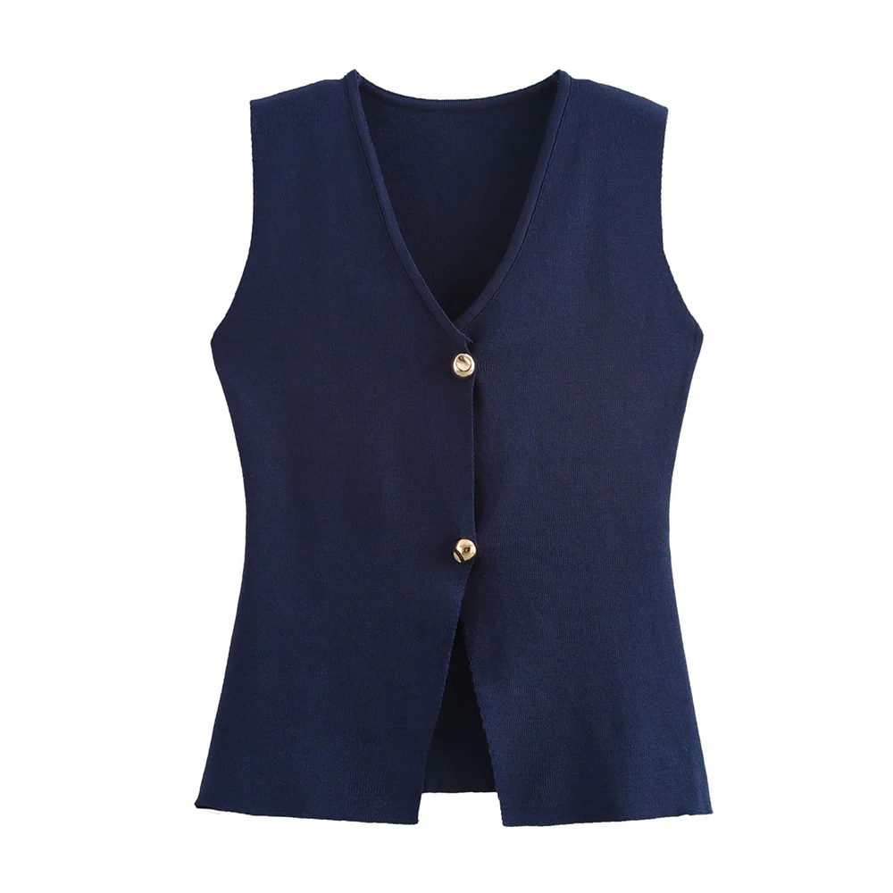 24 Autumn New Product Women\'s Clothing French Design V-neck Gold Button Knitted Vest Style Vest Slim Fit Top