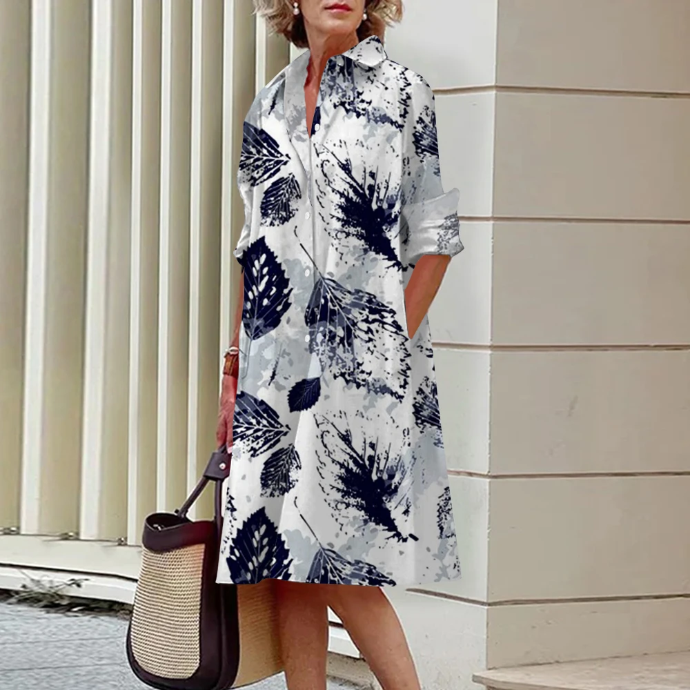 Summer Watercolor Print Long-Sleeved Dress Casual Breathable Cool Single-Breasted Shirt Dress Summer Women 2024 Brand New