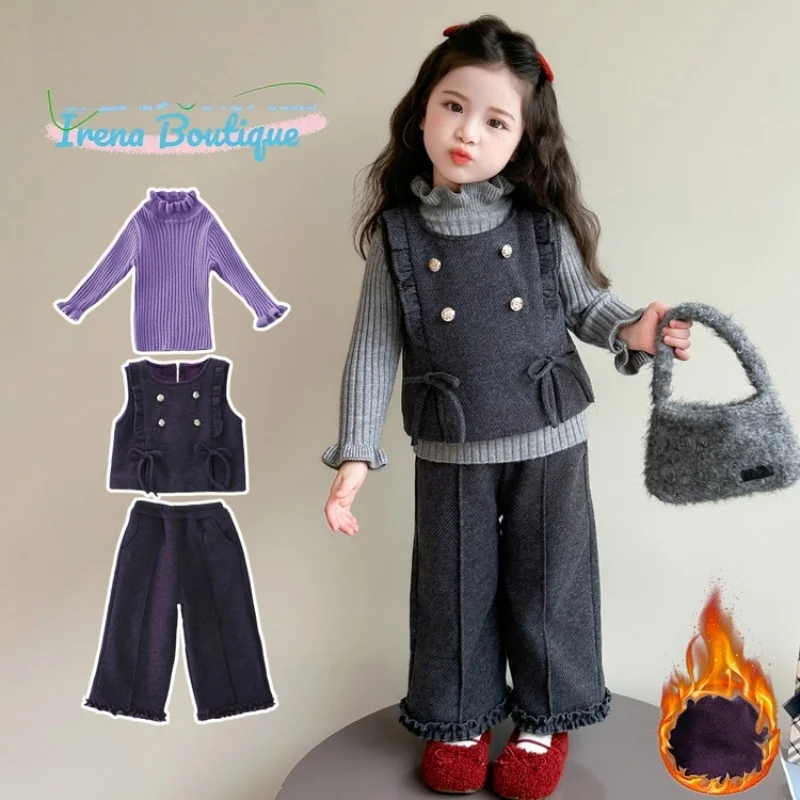 New Winter 2 3 4 5 6 8 10 Years Children Suits Birthday Gift Princess Knitted Tops+Vest +Pants 3 pieces Set For Kids Baby Girl