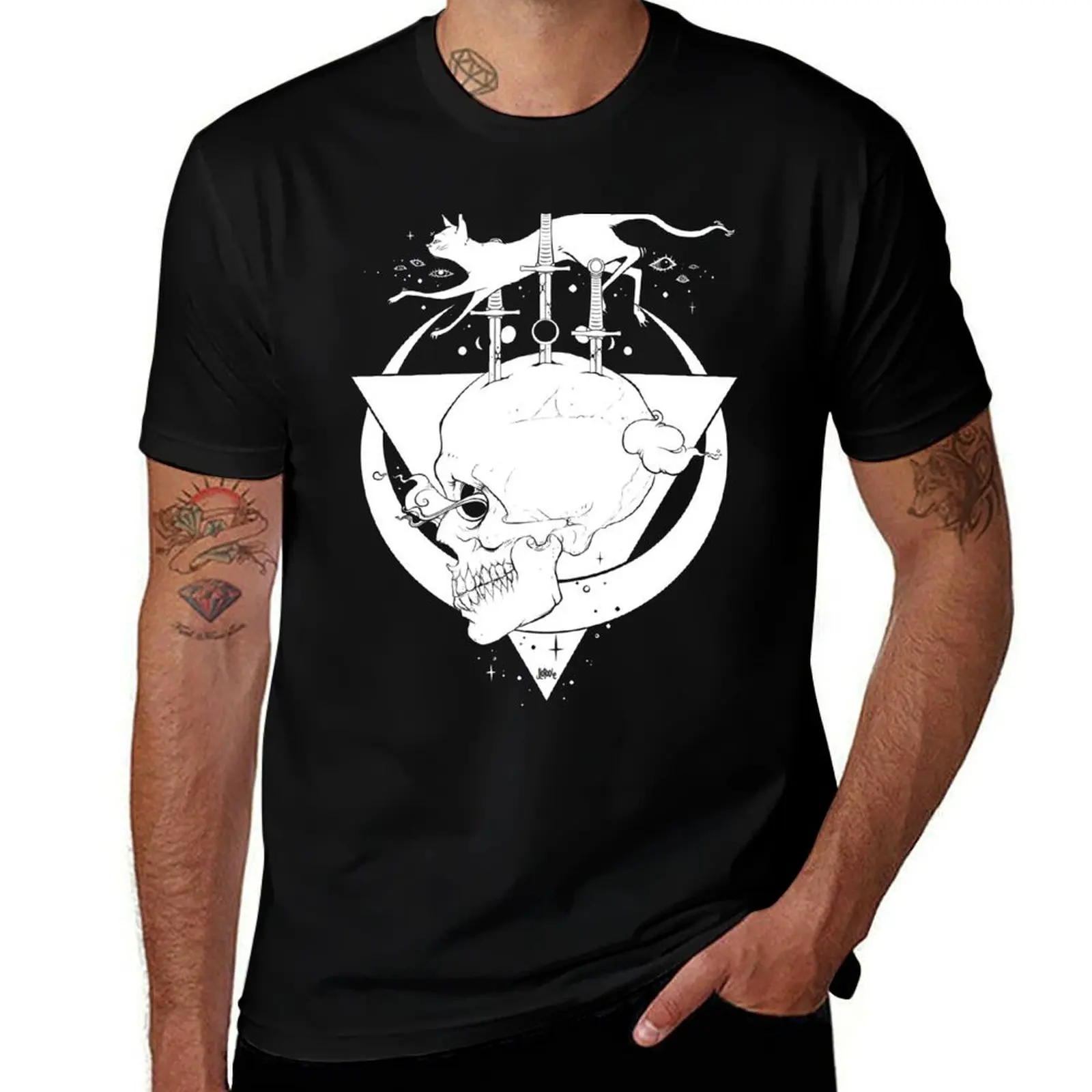 Skull And Cat With Moon Phases T-Shirt Halloween Theme T-Shirt