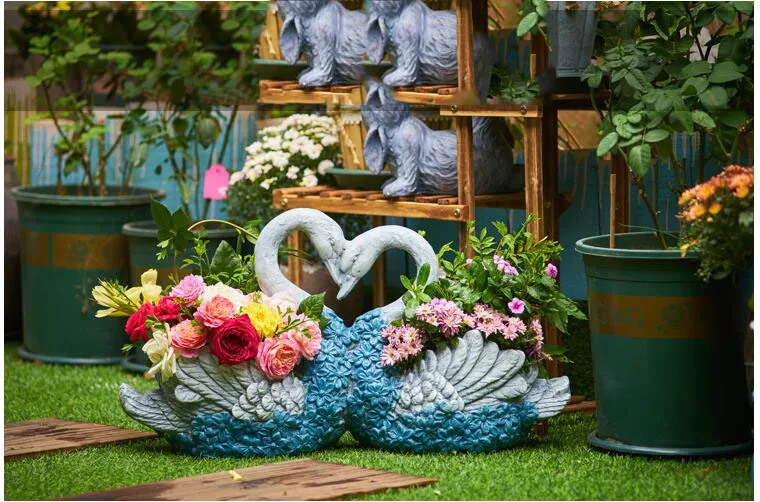 Pastoral Potted Fleshy Green Couple Swan Flower Pot Cement Ornaments Courtyard Figurines Crafts Outdoor Furnishing Decoration