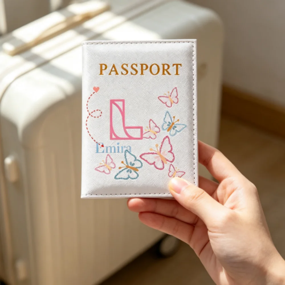 Personalized Customized White Butterfly Letter PU Passport Cover, Elegant Travel Holiday Anniversary Party Gift