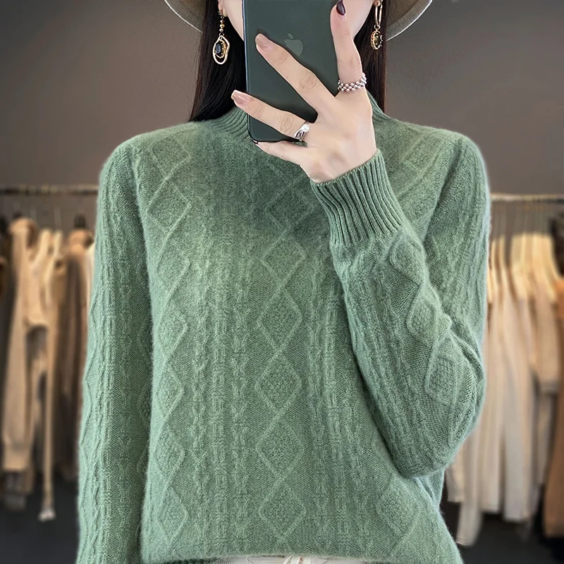 LDZWSM Autumn and winter warm women\'s cashmere sweater twisted floral knitted wool sweater simple neck jumper