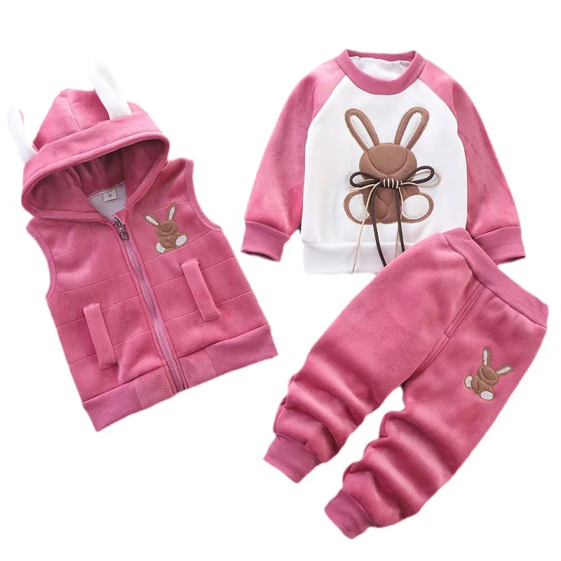 

2023 New Autumn Winter Baby Girls Clothing Sets Cute Rabbit Thicken Sweater+Vest+Pants 3Pcs Outfits Boys Warm Suit Kids Clothes