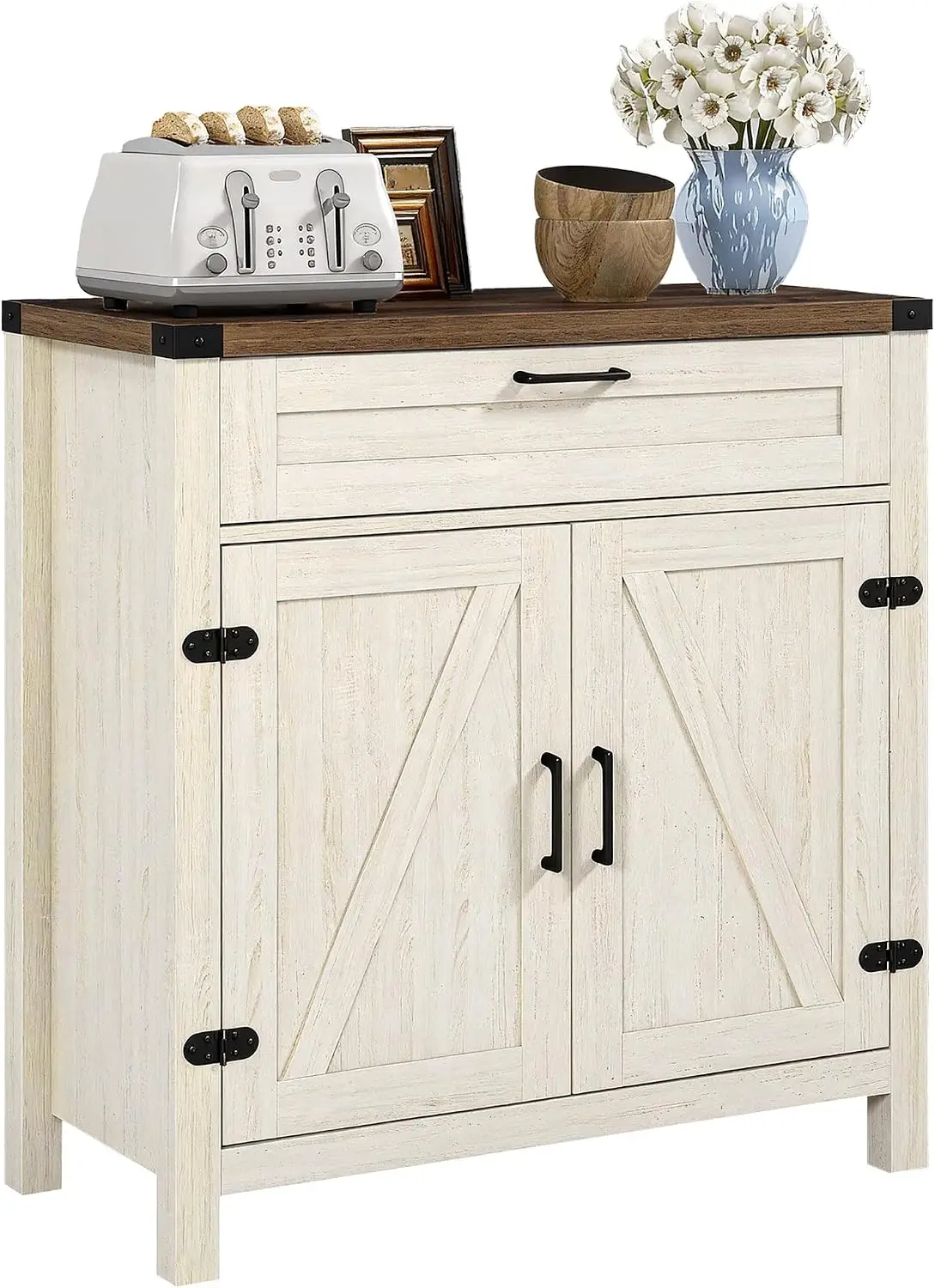 Sideboard Buffet Storage Cabinet, Coffee Bar Station With Drawer And Enclosed Cupboard, Dining Room Kitchen Living Room Entryway Organizer, Modern Farmhouse Style, Distressed White, 1 Piece