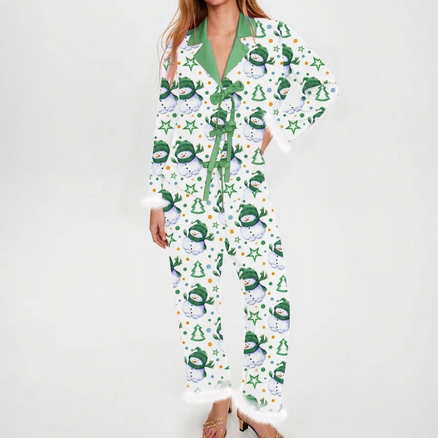 

Женский рождественский пижамный комплект с длинными рукавами и лацканами, рубашка с принтом снеговика, брюки, комплекты одежды для сна