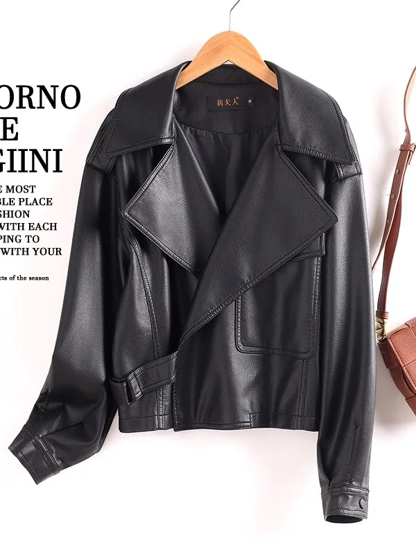 

Женское джинсовое пальто из натуральной кожи Ning, осень 2022, новое крутое свободное мотоциклетное кожаное пальто, верхняя одежда