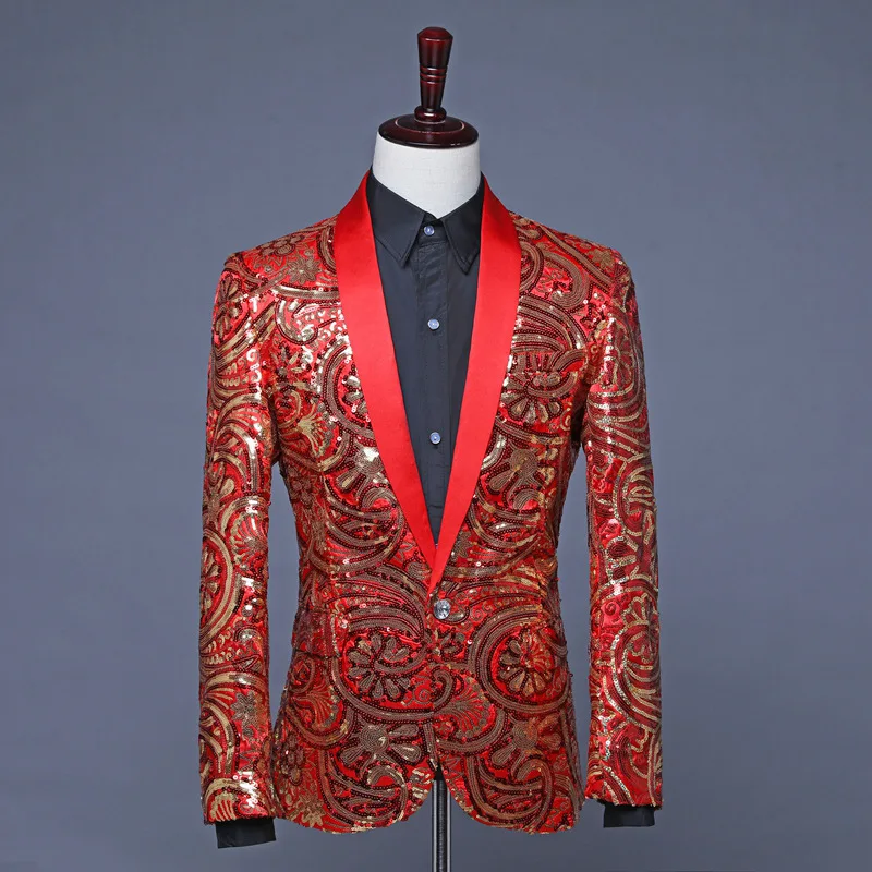 

Shiny Floral Sequins Tuxedo Jacket Men Shawl Collar Slim Blazer Male Wedding Groom Singer Host Stage Glitter Suit Jacket Gold