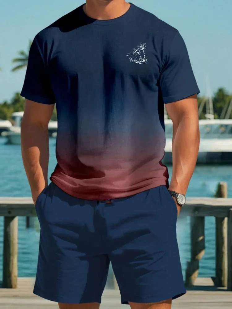 

Palm Tree Printed Men Spring and Summer Two Pieces Set Casual Round Neck Short Sleeve T-shirt Shorts Sport Suit Print Clothing