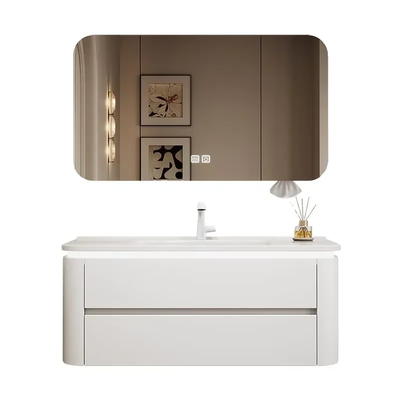 Modern Cream Oak Ceramic Corner Bathroom Cabinet Waterproof Aluminum Integrated Washstand Toilet Side Storage Unit Luxury