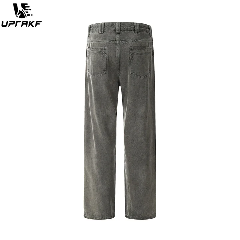 UPRAKF Straight-leg Pocket Wide Leg Jeans Distressed Pants Casual Denim Autumn Fashion Basic High Street Winter