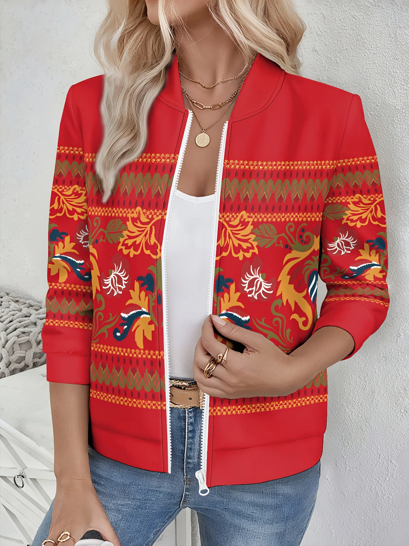 

Женская винтажная куртка с цветочным геометрическим рисунком, многоцветный принт всего тела, дизайн молнии спереди, повседневный стиль, который можно стирать в машине