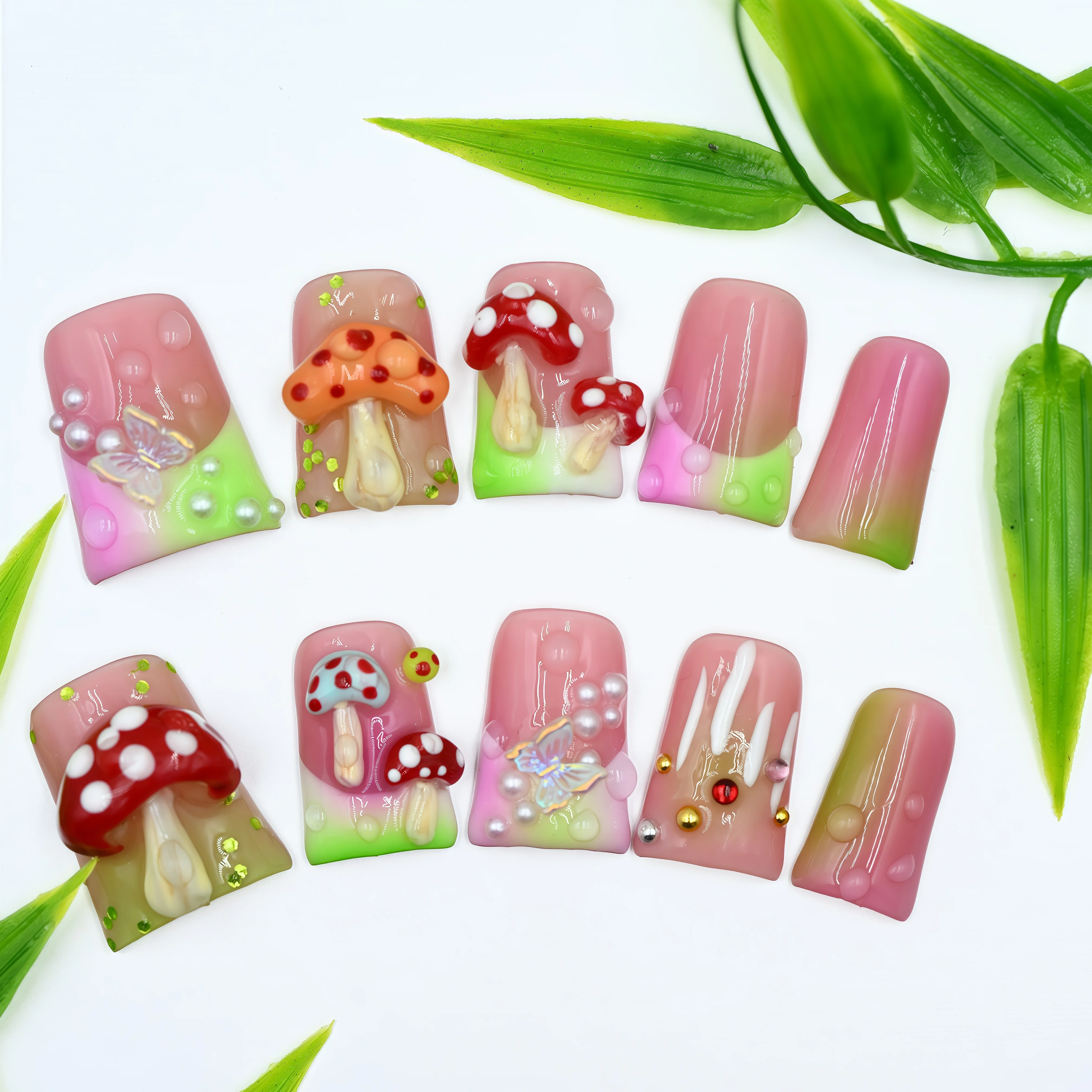 

Handmade Forest-Style Mushroom Press On Nails Pink Green Color Block 3D Playful Reusable Nails