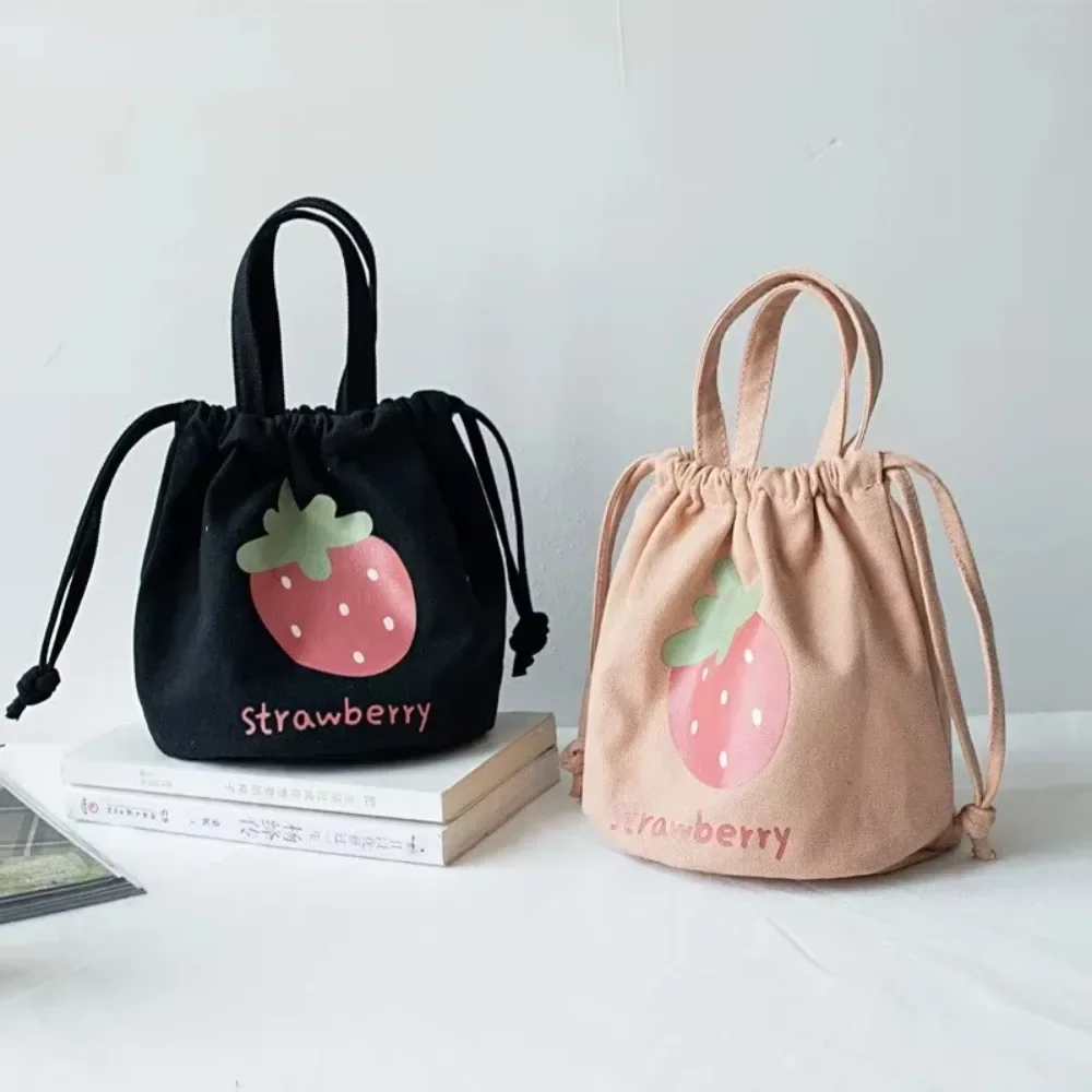 

Women's Mini Canvas Drawstring Bag, Cartoon Strawberry Print Bucket Handbag, Portable Lunch Box & Food Tote, Small Cloth Purse