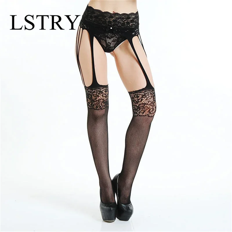 

Black Lace Stockings Open Crotch Tights Lstry Lace Sexy Hosiery Women Thigh High Fishnet Embroidery Transparent Pantyhose Erotic