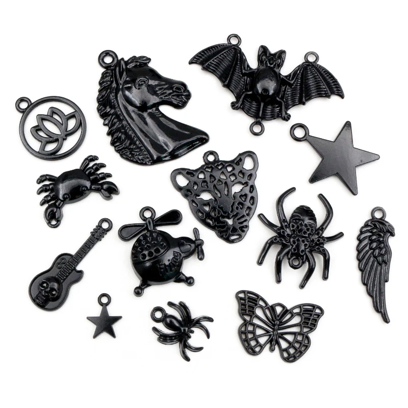 Nowa moda czarny Plated Charms pająk gwiazda skrzydła motyl konia ze stopu metali wisiorek DIY Charms dla tworzenia biżuterii ustalenia