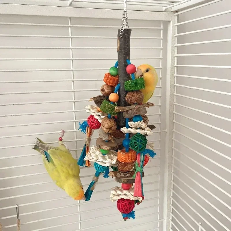 Pet Parrot Toys Natural Wood Bird Chewing Toys Cotton Rope Parrot Bite Resistant Bird Cockatiels Training Toy Birds Macaw