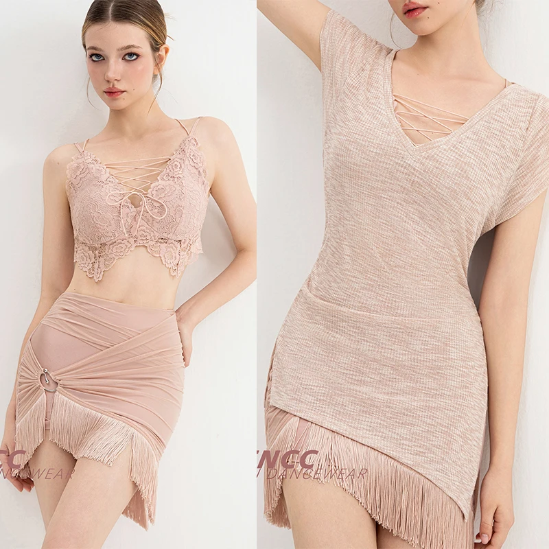 Nouveaux vêtements de danse latine haut pour femme soutien-gorge en dentelle jupe à franges adulte Rumba Samba tenues de pratique de danse robes de Performance DNV25072