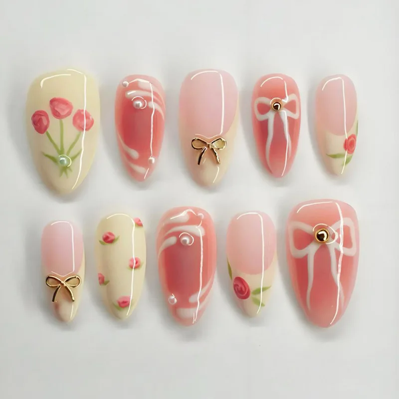 24 stücke Süße Falsche Nagel Patches Abnehmbare Gefälschte Nagel Tipps Mit Bowknots Liebe Herz Perle Design Rosa Mandel Koreanische Drücken auf Nagel