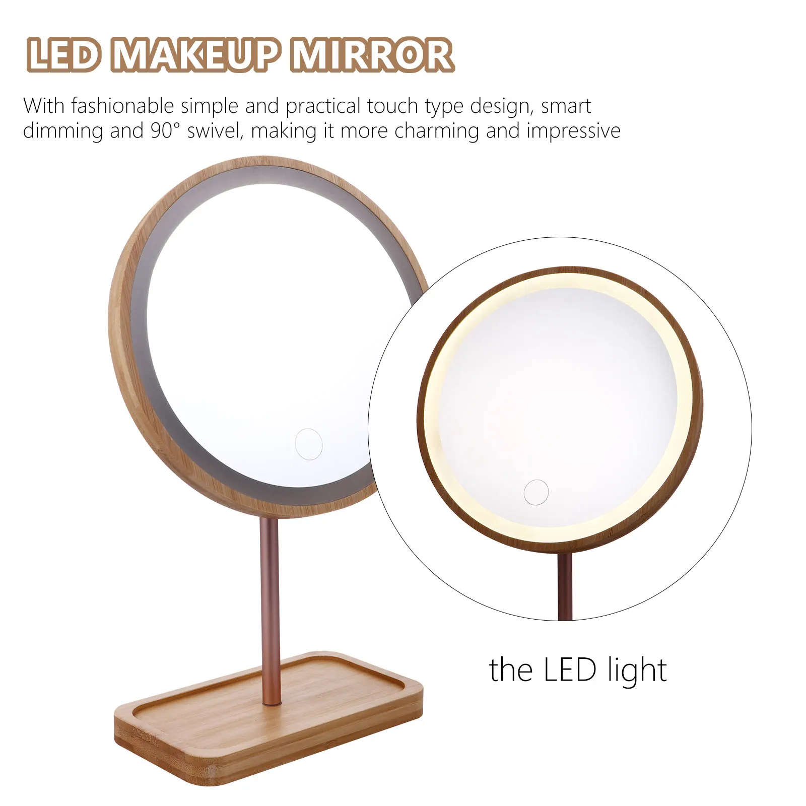 Wooden Makeup LED Lighted Vanity 90° Swivel Table Vanity Mirror Glass Desktop High Definition Stable Base Gifts