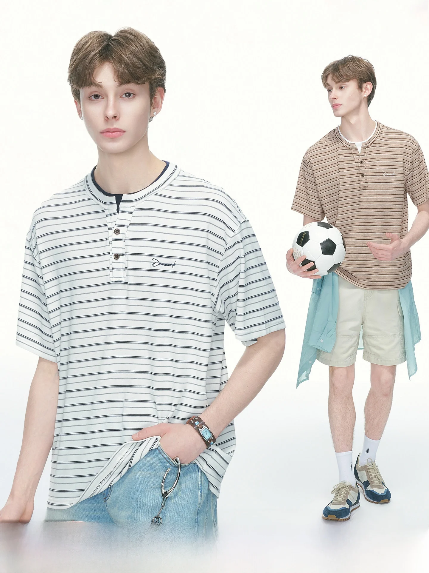 Dream Made American Style Ice Silk Lyocell Stripe Short Sleeve T-Shirt Men's Summer Henry Collar Top Breathable Loose Fit You...