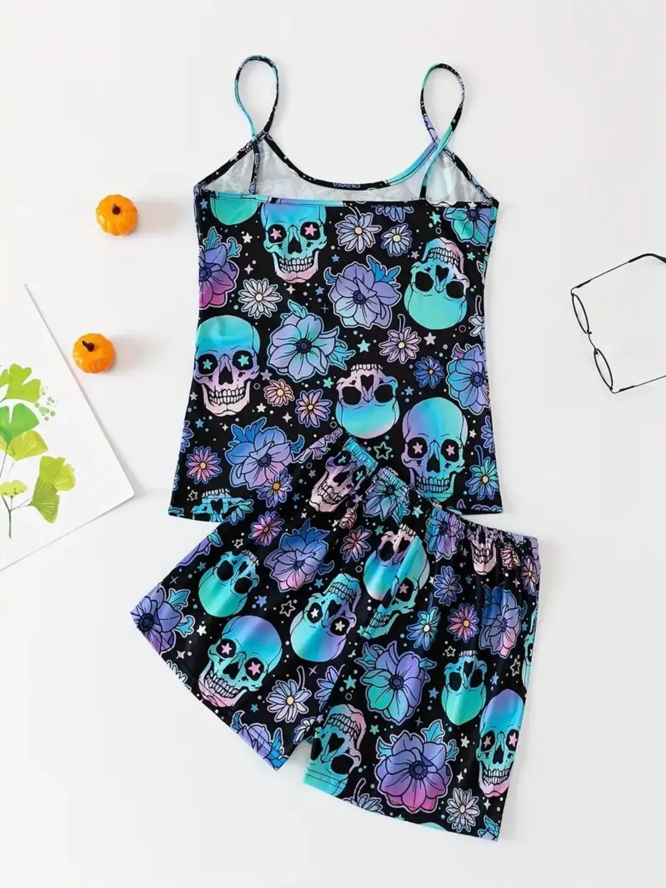 Women\'s 2pcs Cute Soft Comfy Halloween Pyjama Set Summer Plus Size Skull Ghost Print Tank Top & Bow Front Shorts Sleepwear Set