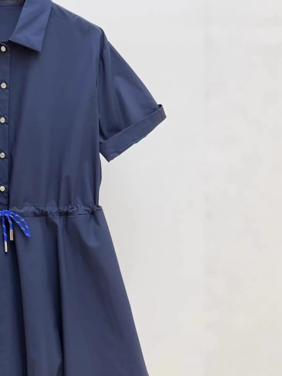 

Spring/Summer Women Turn-down Collar Short Sleeve Drawstring Hign Waist Shirt Dress Single Breasted Loose Casual Mini Skirt