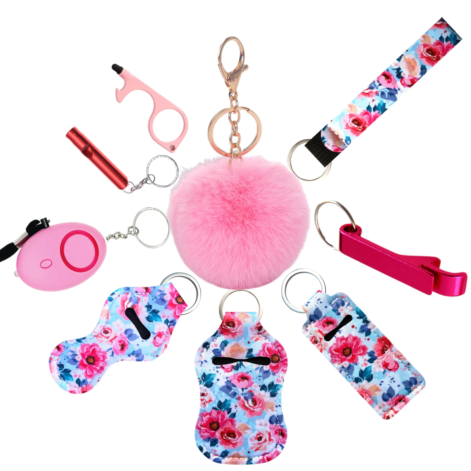 10Pieces Keychain Set for Women Accessories Lip Balm Lanyard Wirstlet with PomPom Gifts for Girl