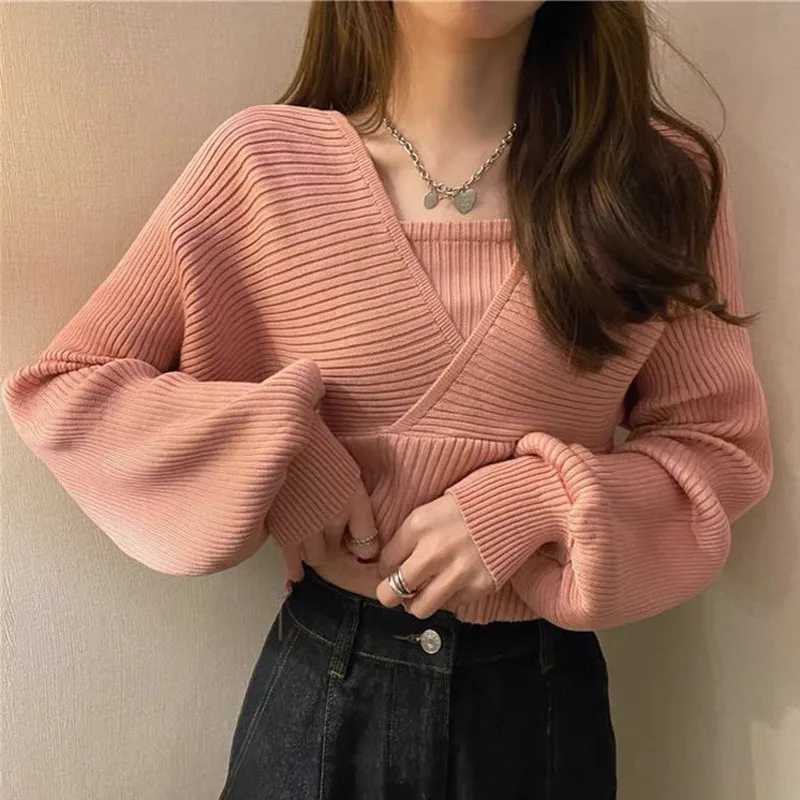 

Fashion Fake Two Piece Sweater Casual Knitted Tops Solid Batwing Long Sleeve Clothes V-neck Sling Strap Short Pullovers 28268