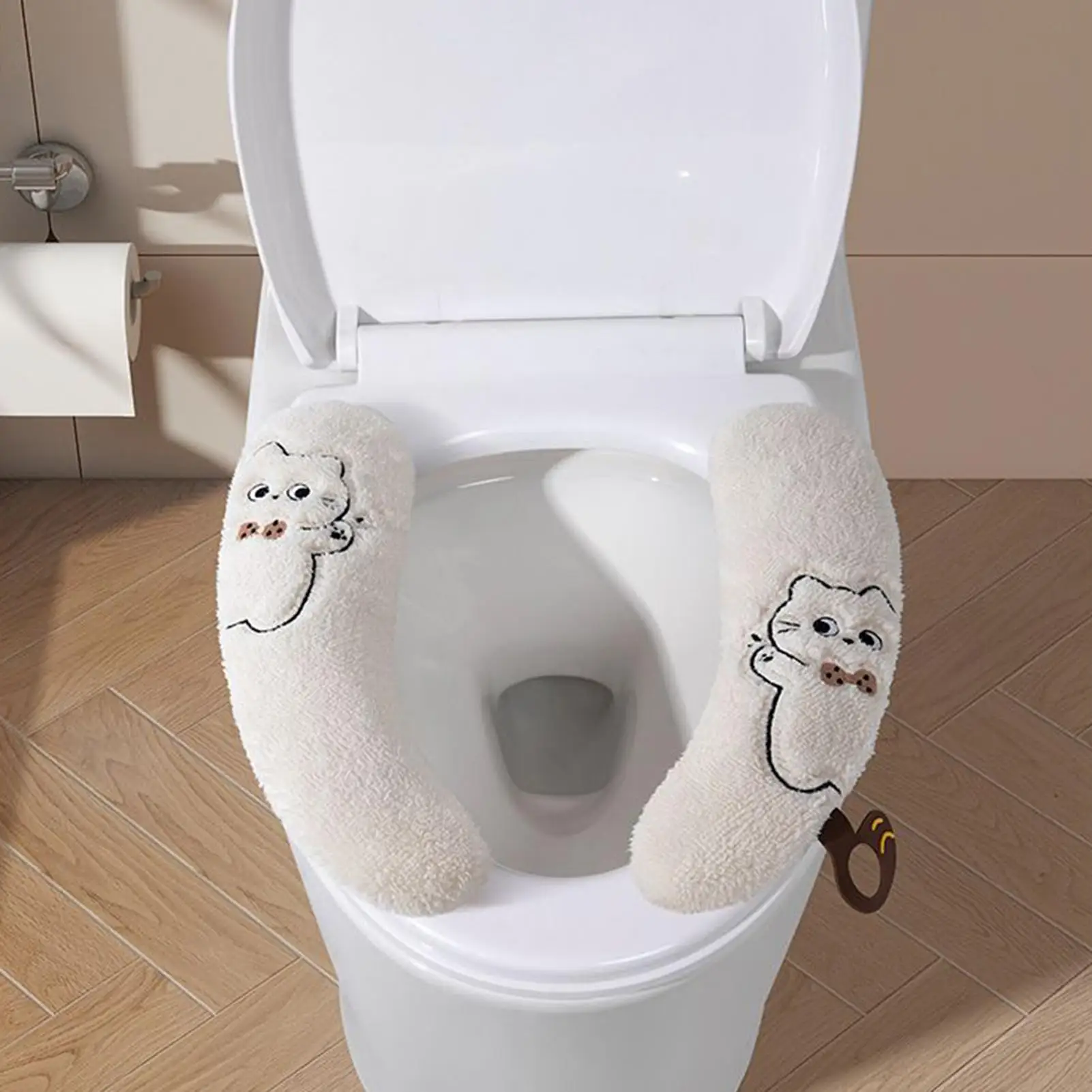 1Pair Toilet Seat Cover Soft Warm Washable Adhesive Plush Bathroom Toilet Seat Warmer Pads For Winter Cold Weather Home RV