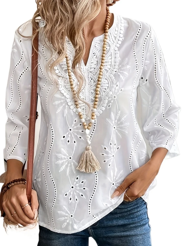 2025 Autumn New Loose V-neck Blouse Elegant Commuting Embroidered Lace Long Sleeve White Top Casual Hollow Women's Shirt 653