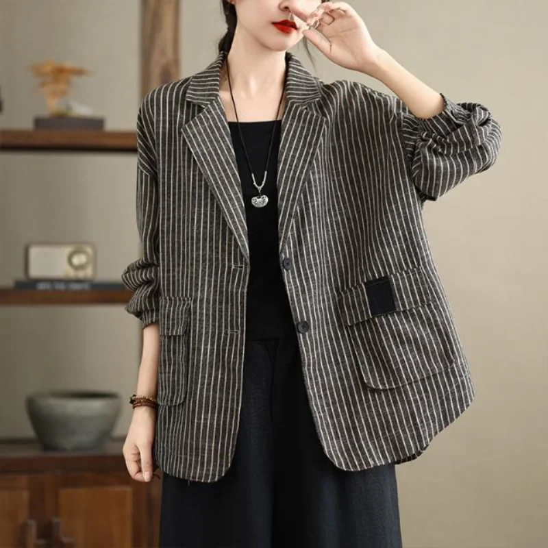 

Striped Pocket Contrast Color Long Sleeve Button Cardigan Coats Fashionable Retro Casual Top