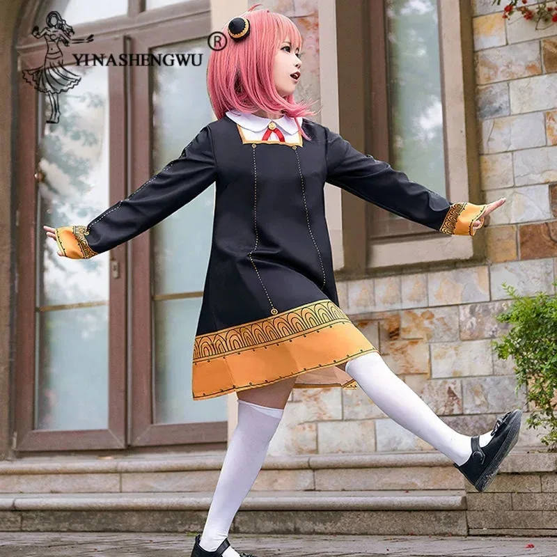 أنيا فورجر كوسبلاي أنيمي جاسوس فاميلي أنيا فورجر كوسبلاي زي فستان أسود زي لطيف للفتيات أنيا شعر مستعار للبالغين والأطفال في عيد الميلاد