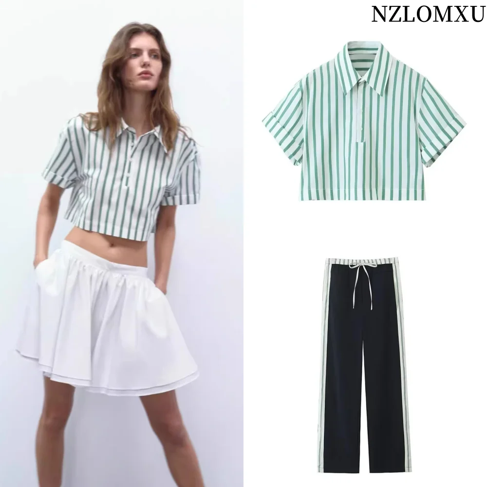 

2025 Woman's Summer Casual Green Striped Shirt Suit Female Short Sleeve Lapel Pullover Top +Elastic Waist Lace Up Pants Set