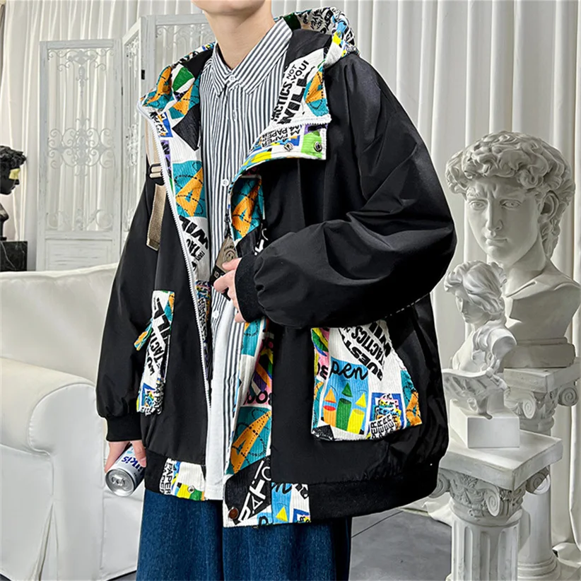 

Американская оверсайз куртка из вельвета с капюшоном для мужчин, модная, в бейсбольном стиле, ветрозащитная верхняя одежда для молодежи, с геометрическим принтом