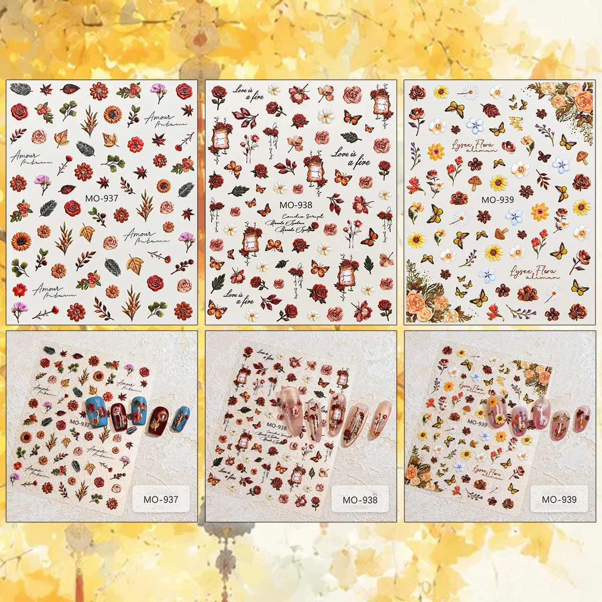 3 to 12 Sheets 5D Autumn Fall Floral Rose Sunflower Daisy Butterfly Leaves Vintage Botanical Self-Adhesive Nail Art Stickers
