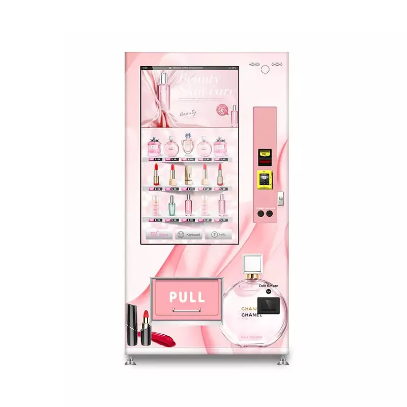 50 นิ้ว Touch Screen แก้วขวดเครื่องหยอดเหรียญลิฟท์น้ําหอมเล็บลิปสติก Eyelash Beauty เครื่องสําอาง VendingMachine