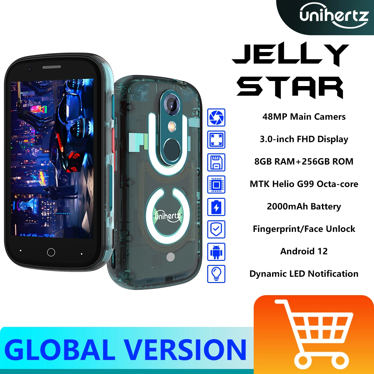 

Unihertz Jelly Star,Mini Smartphone,Android 13,Transparent Backshell LED Light,8GB 256GB,3 inch Phone,48MP,2000mAh,Dual Nano SIM