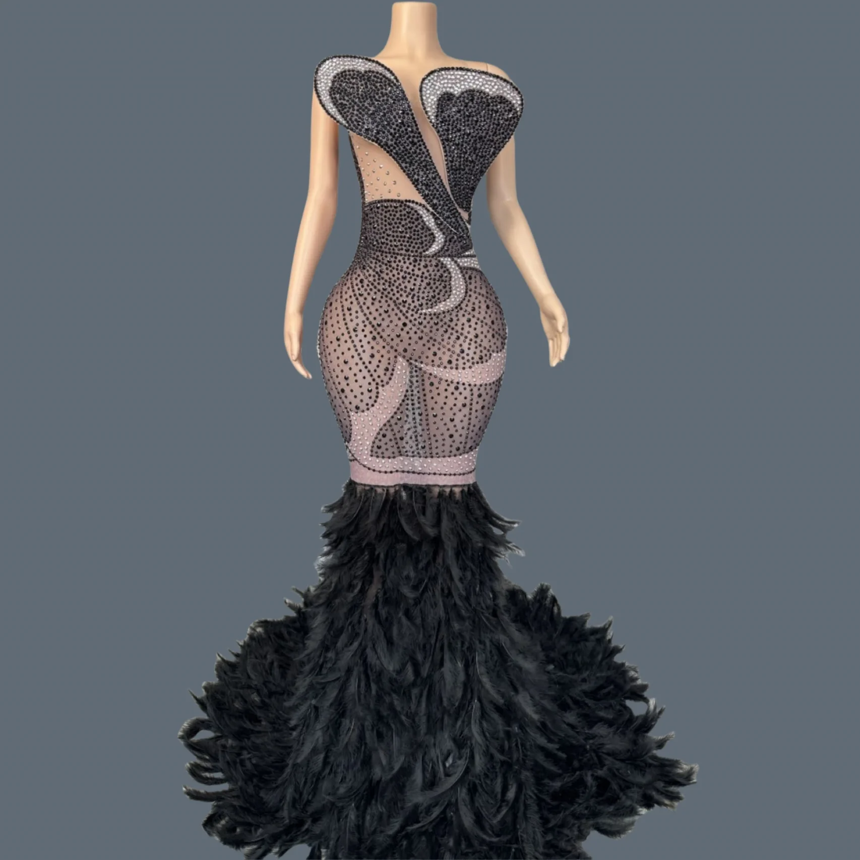 

Luxury Women Feather Evening Dress Sparkly Sexy Prom Couture Rhinestone Birthday Party Ball Celebrate Photo Shoot Wear Mifeng
