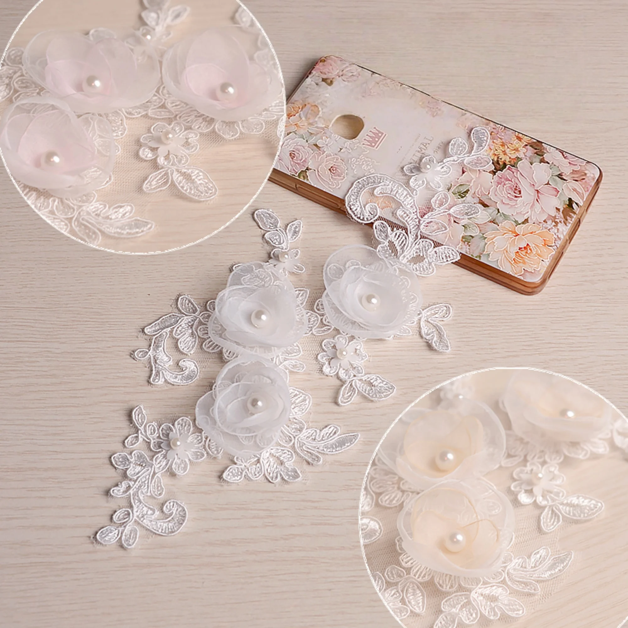 

1 Pair 3D Lace Flower Applique with Pearl Center Handmade DIY Bridal Veil Burnt-Edge Original Design 24cm X 10.5cm