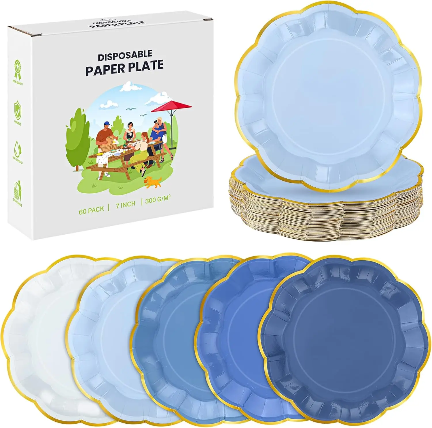 60 PCS Dusty Blue Scalloped Party Plates, 7 Inch Gradient Blue Dessert Plate, Disposable Gold Foil Border Paper Plates for Birth