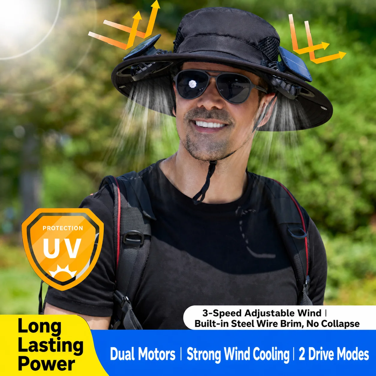 Solar Fan Hat Men Summer Wide Brim UV Protection Bucket Hat Rechargeable Lithium Battery Long Lasting Strong Wind Quick Dry